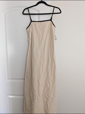 Beige Maxi Slip Dress with Black Trim